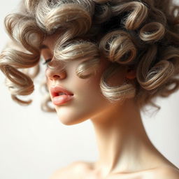 A close-up, artistic representation of an abstract female form with textured, fluffy hair in a curly, playful style