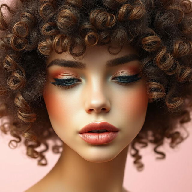 A close-up, artistic representation of an abstract female form with textured, fluffy hair in a curly, playful style