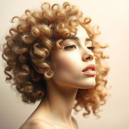 A close-up, artistic representation of an abstract female form with textured, fluffy hair in a curly, playful style