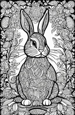 A black and white colouring book page featuring an intricately detailed Easter Bunny in the style of Tim Jeffs