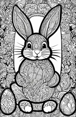 A black and white colouring book page featuring an intricately detailed Easter Bunny in the style of Tim Jeffs