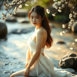 A serene, artistic portrayal of a female figure in a natural, tranquil setting