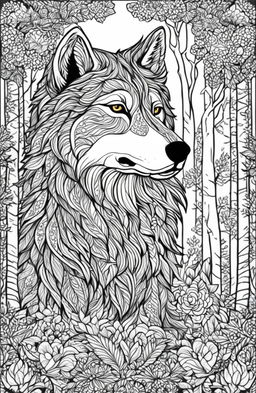 This is a high-quality, intricate coloring page featuring a majestic wolf in a forest, inspired by the works of Peta Hewitt