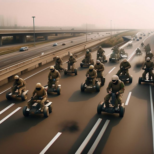 aerial view to the left, 10 combatants, in military camouflage, riding on hover-boards in the sky, next to a freeway, all combatants are armed with assault rifles and clad in skeleton face mask and normal bullet proof vests