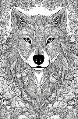 This is a high-quality, intricate coloring page featuring a majestic wolf in a forest, inspired by the works of Peta Hewitt