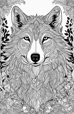 This is a high-quality, intricate coloring page featuring a majestic wolf in a forest, inspired by the works of Peta Hewitt