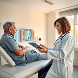 An intricate medical diagnostic scene, showcasing a bright, modern clinic