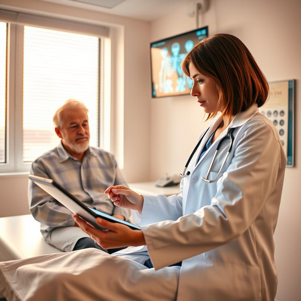 An intricate medical diagnostic scene, showcasing a bright, modern clinic