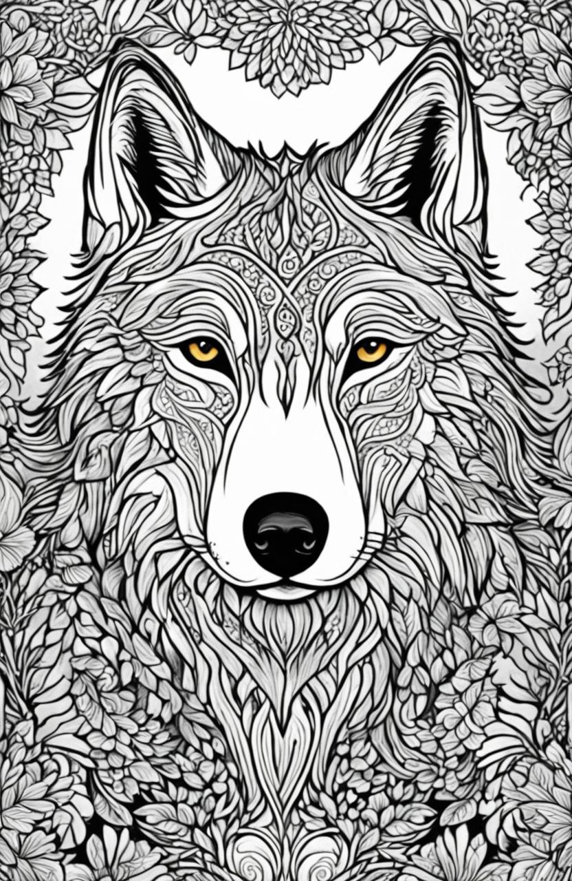 This is a high-quality, intricate coloring page featuring a majestic wolf in a forest, inspired by the works of Peta Hewitt