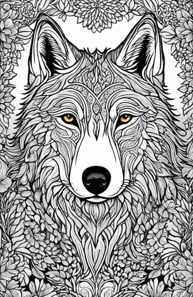 This is a high-quality, intricate coloring page featuring a majestic wolf in a forest, inspired by the works of Peta Hewitt