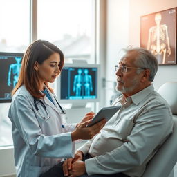 An intricate medical diagnostic scene, showcasing a bright, modern clinic