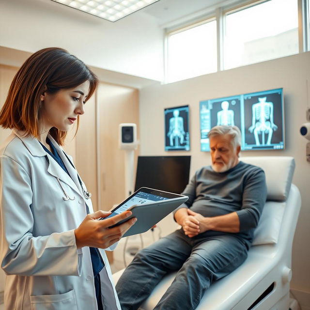 An intricate medical diagnostic scene, showcasing a bright, modern clinic