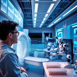 A high-tech diagnostic technology scene inside a futuristic laboratory