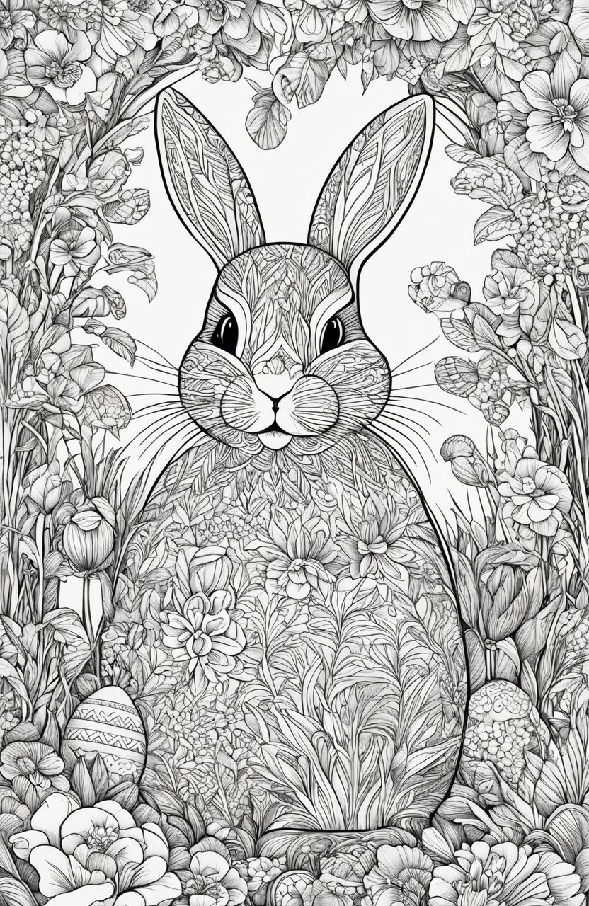 A black and white colouring book page featuring an intricately designed Easter bunny in a detailed garden setting, holding a beautifully decorated Easter egg