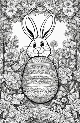 A black and white colouring book page featuring an intricately designed Easter bunny in a detailed garden setting, holding a beautifully decorated Easter egg