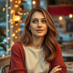 A beautiful, thoughtful portrait of a 40-year-old woman named Sophia, representing her blend of hopeless romanticism and realism