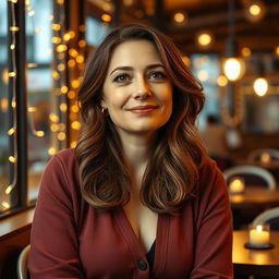 A beautiful, thoughtful portrait of a 40-year-old woman named Sophia, representing her blend of hopeless romanticism and realism