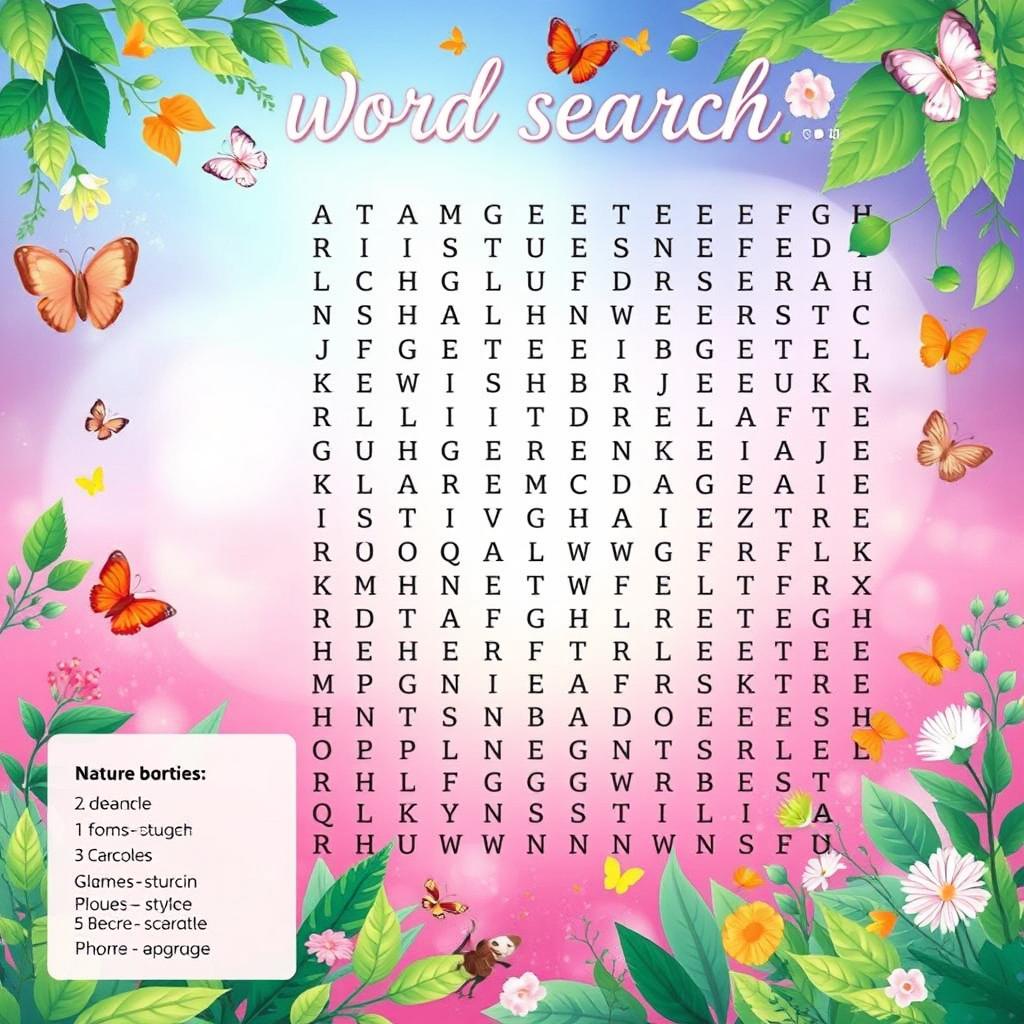 A beautifully designed word search puzzle layout featuring an array of hidden words in various directions