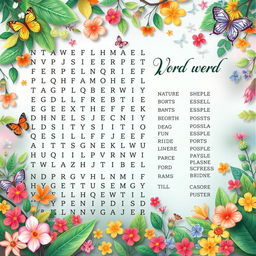 A beautifully designed word search puzzle layout featuring an array of hidden words in various directions
