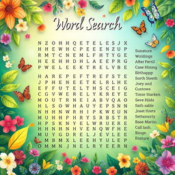 A beautifully designed word search puzzle layout featuring an array of hidden words in various directions