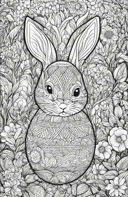 A black and white colouring book page featuring an intricately designed Easter bunny in a detailed garden setting, holding a beautifully decorated Easter egg