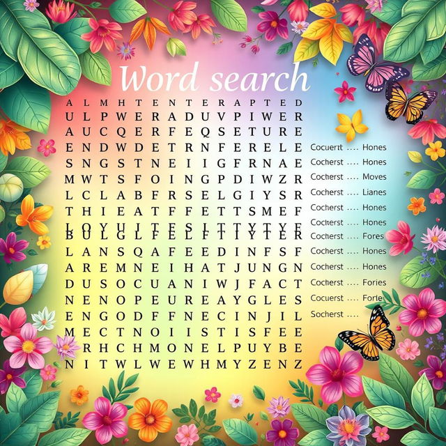 A beautifully designed word search puzzle layout featuring an array of hidden words in various directions