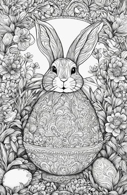 A black and white colouring book page featuring an intricately designed Easter bunny in a detailed garden setting, holding a beautifully decorated Easter egg