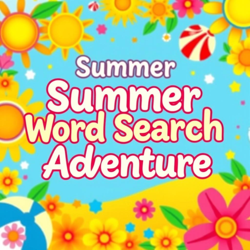 A stunning and eye-catching cover design for a word search book, featuring a vibrant and cheerful summer color palette that includes bright yellows, blues, greens, and pinks