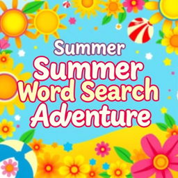 A stunning and eye-catching cover design for a word search book, featuring a vibrant and cheerful summer color palette that includes bright yellows, blues, greens, and pinks