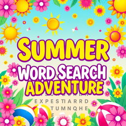 A stunning and eye-catching cover design for a word search book, featuring a vibrant and cheerful summer color palette that includes bright yellows, blues, greens, and pinks