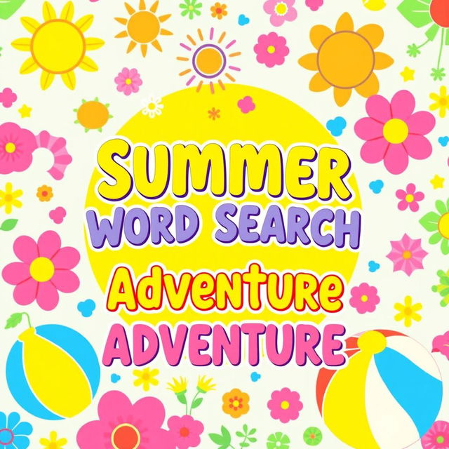 A stunning and eye-catching cover design for a word search book, featuring a vibrant and cheerful summer color palette that includes bright yellows, blues, greens, and pinks