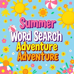 A stunning and eye-catching cover design for a word search book, featuring a vibrant and cheerful summer color palette that includes bright yellows, blues, greens, and pinks