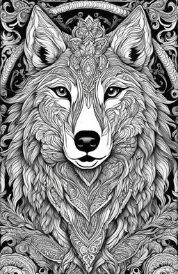 A high-resolution coloring page featuring a detailed wolf inspired by Tim Jeffs' art style