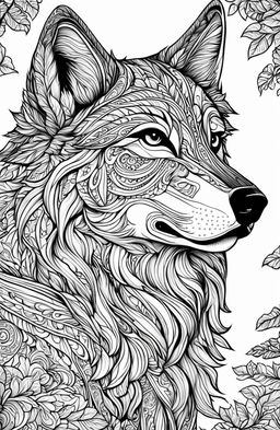 A high-resolution coloring page featuring a detailed wolf inspired by Tim Jeffs' art style