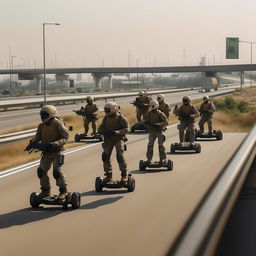 aerial view to the left, 10 combatants, in military camouflage, riding on hover-boards in the sky, next to a freeway, all combatants are armed with assault rifles and clad in skeleton face mask and normal bullet proof vests