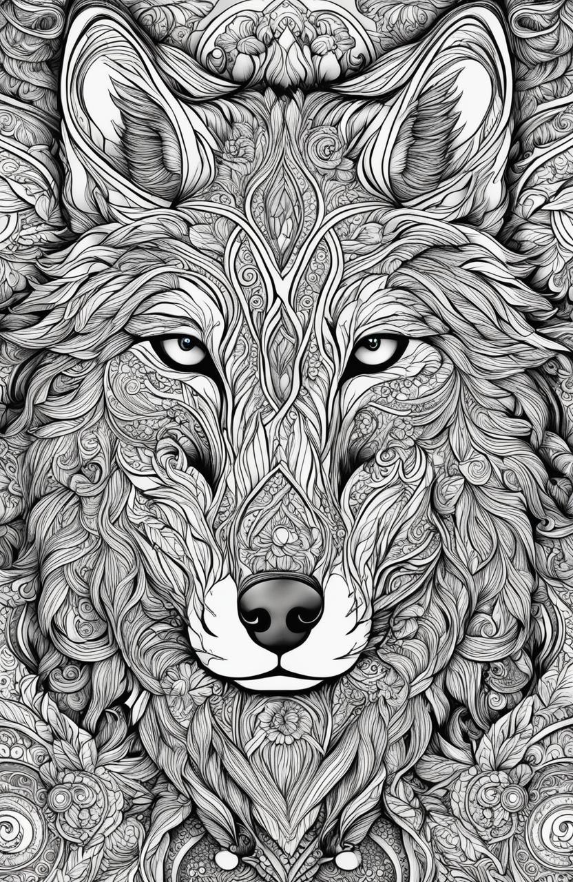 A high-resolution coloring page featuring a detailed wolf inspired by Tim Jeffs' art style