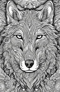 A high-resolution coloring page featuring a detailed wolf inspired by Tim Jeffs' art style