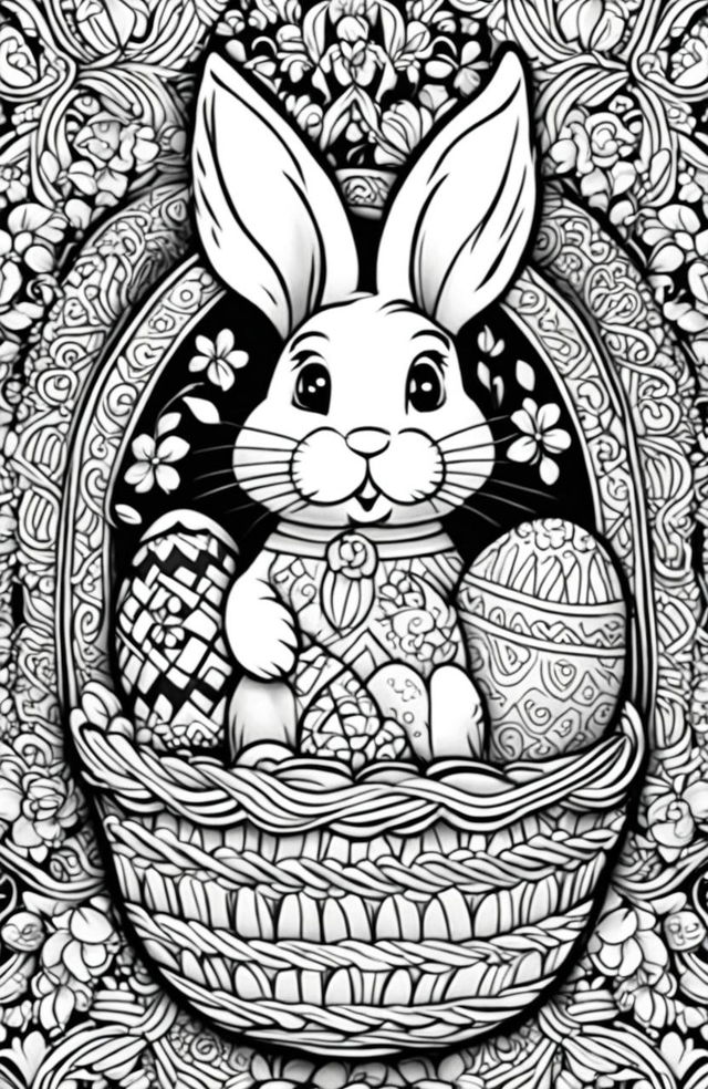 A high-quality, black and white colouring book page featuring a detailed Easter Bunny with a basket of patterned eggs, in the intricate style of Tim Jeffs