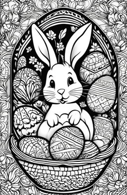 A high-quality, black and white colouring book page featuring a detailed Easter Bunny with a basket of patterned eggs, in the intricate style of Tim Jeffs