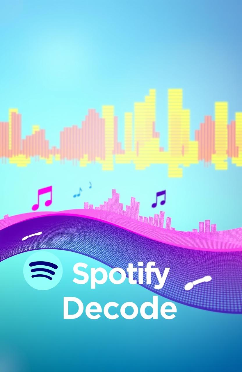 An elegant visual representation of the concept of 'Spotify Decoded', featuring a vibrant sound wave visual that illustrates music streaming, with colorful elements that symbolize different genres of music like pop, rock, jazz, and classical