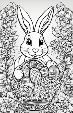 A high-quality, black and white colouring book page featuring a detailed Easter Bunny with a basket of patterned eggs, in the intricate style of Tim Jeffs