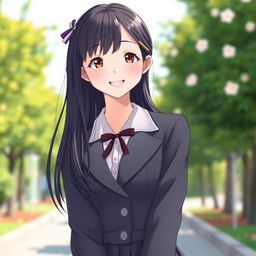 A cute 18-year-old Korean schoolgirl, dressed in a stylish uniform with a pleated skirt, paired with a fitted blazer