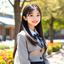 A cute 18-year-old Korean schoolgirl, dressed in a stylish uniform with a pleated skirt, paired with a fitted blazer