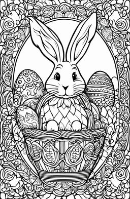 A high-quality, black and white colouring book page featuring a detailed Easter Bunny with a basket of patterned eggs, in the intricate style of Tim Jeffs