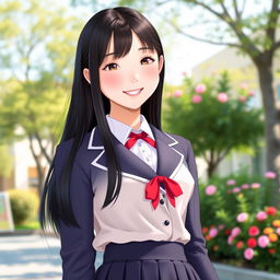 A cute 18-year-old Korean schoolgirl, dressed in a stylish uniform with a pleated skirt, paired with a fitted blazer