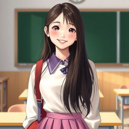 A realistic depiction of a young Korean schoolgirl, around 18 years old, radiating cute kawaii vibes