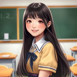 A realistic depiction of a young Korean schoolgirl, around 18 years old, radiating cute kawaii vibes