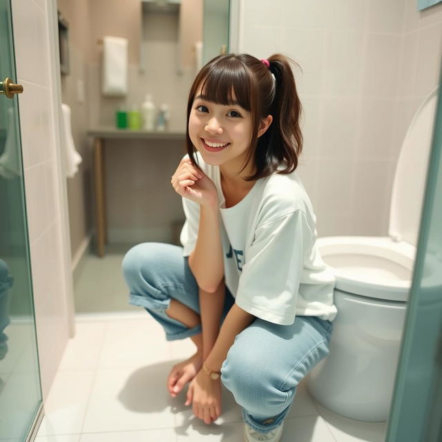 A cute Japanese college student in a casual outfit, squatting playfully in a private bathroom setting, with a bright smile and cheerful demeanor