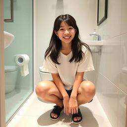 A cute Japanese college student in a casual outfit, squatting playfully in a private bathroom setting, with a bright smile and cheerful demeanor
