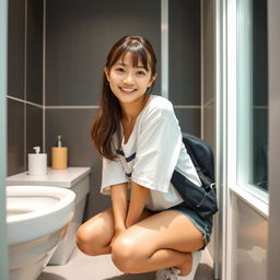 A cute Japanese college student in a casual outfit, squatting playfully in a private bathroom setting, with a bright smile and cheerful demeanor